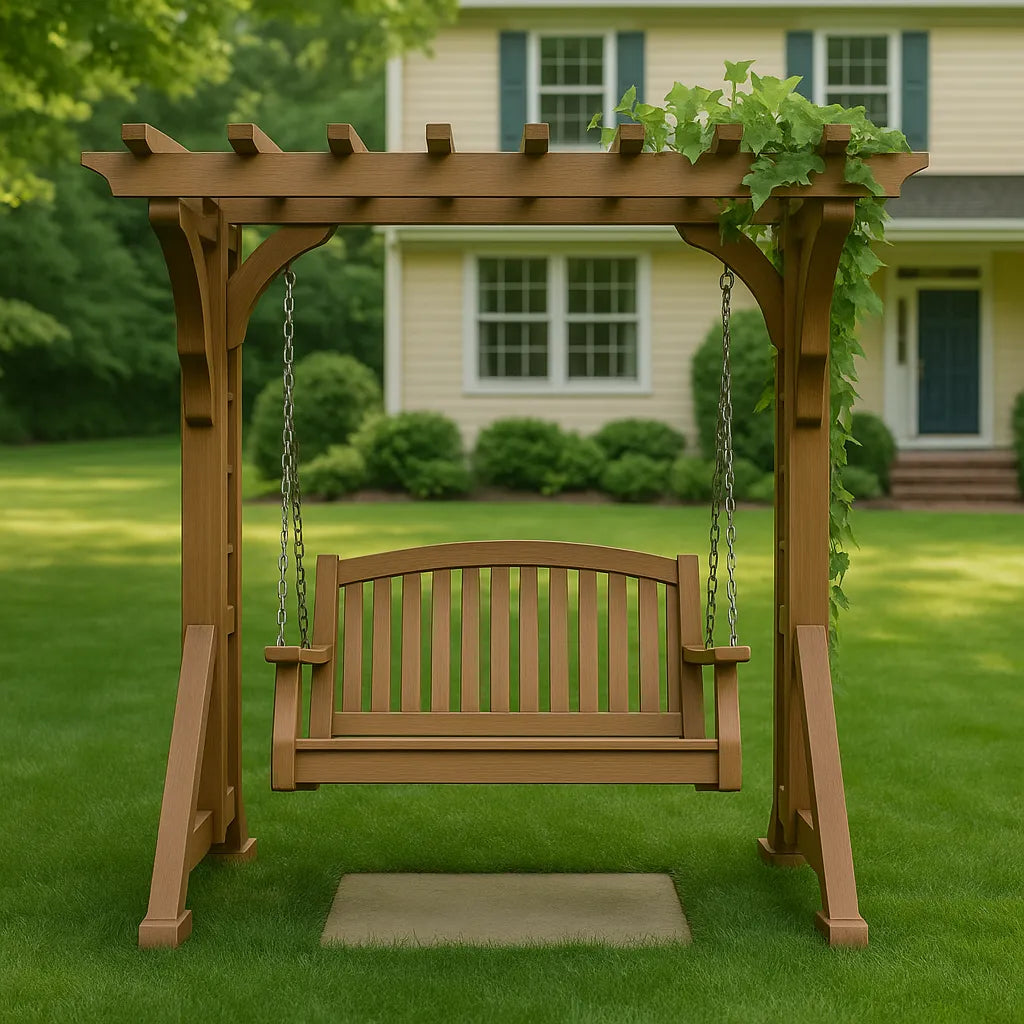 Classic Wooden Swing with Pergola and Comfortable Seating