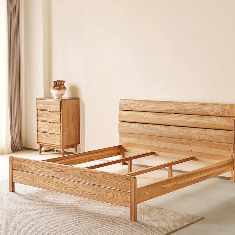 Contemporary Ash Wood Bed Frame With Slatted Headboard