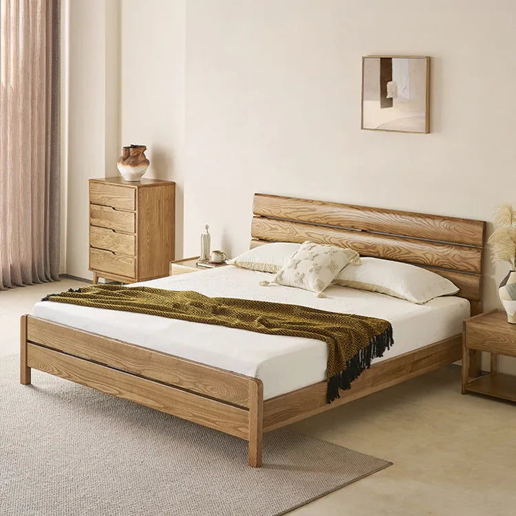 Contemporary Ash Wood Bed Frame With Slatted Headboard