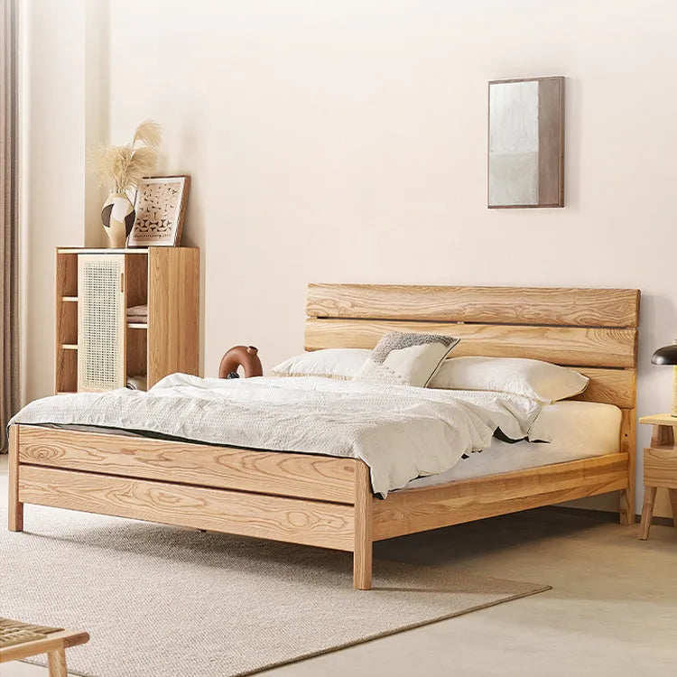 Contemporary Ash Wood Bed Frame With Slatted Headboard