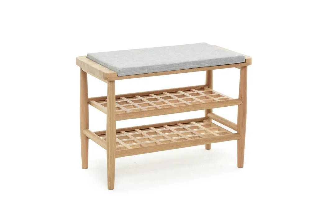 Oak Wood Shoe Rack Bench With Cushion And Two Storage Shelves