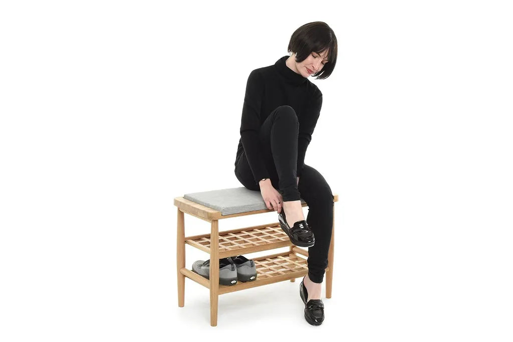 Oak Wood Shoe Rack Bench With Cushion And Two Storage Shelves
