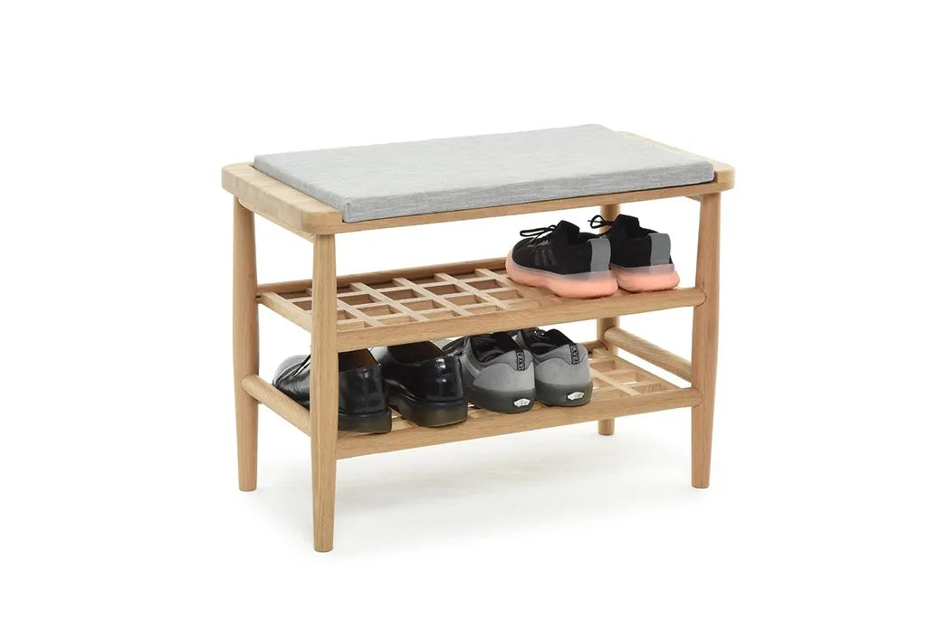 Oak Wood Shoe Rack Bench With Cushion And Two Storage Shelves