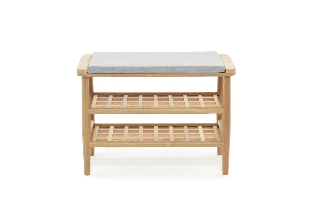Oak Wood Shoe Rack Bench With Cushion And Two Storage Shelves