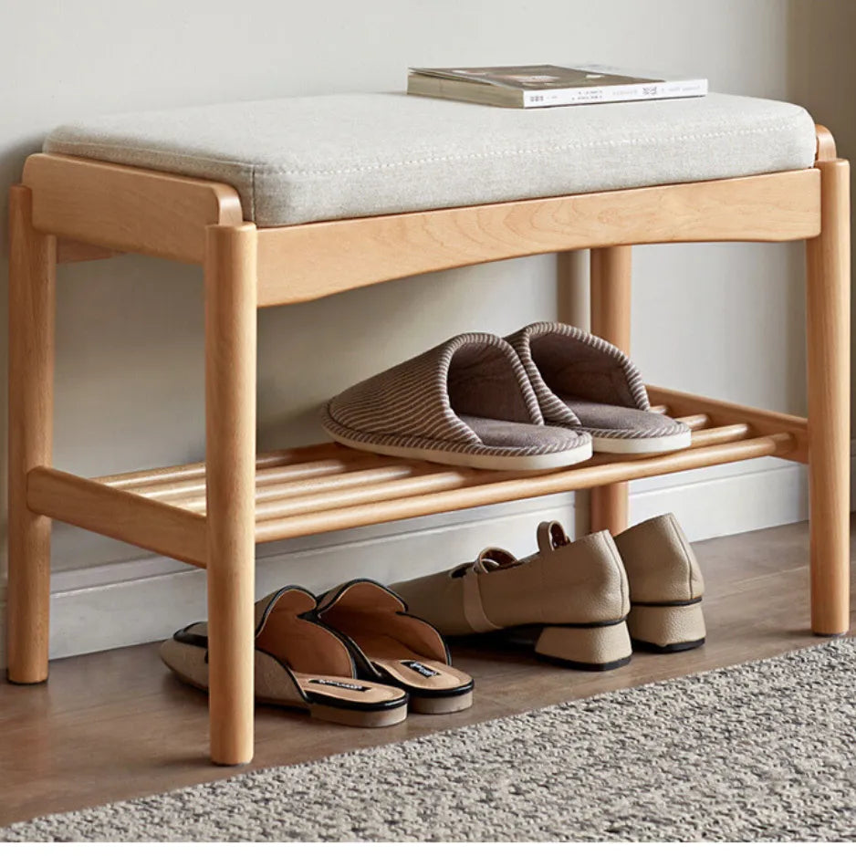 Oak Wood Shoe Bench With Cushion And Storage Shelf
