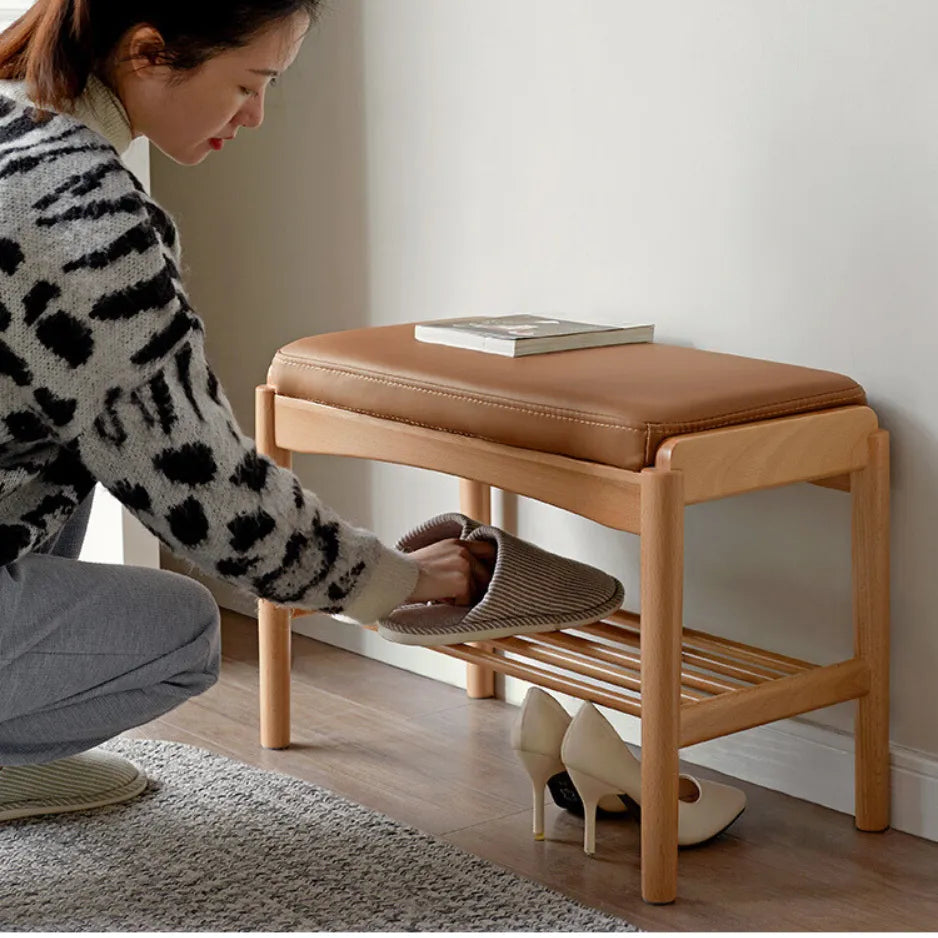 Oak Wood Shoe Bench With Cushion And Storage Shelf