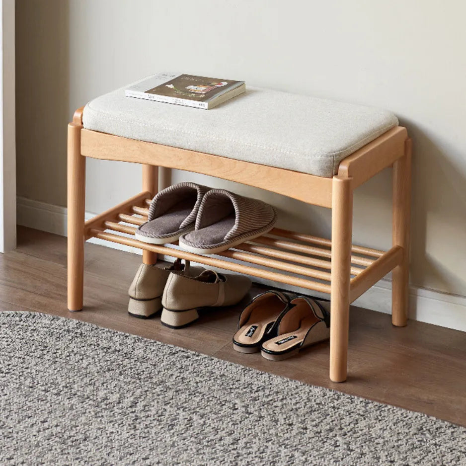 Oak Wood Shoe Bench With Cushion And Storage Shelf