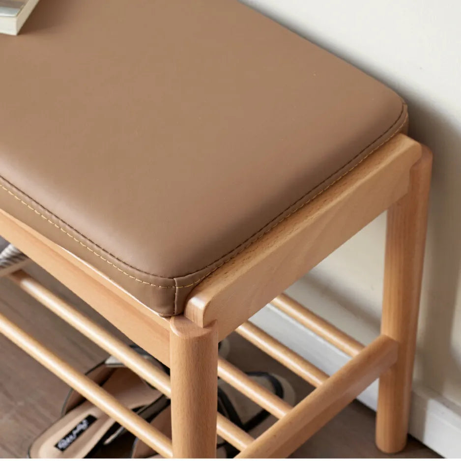 Oak Wood Shoe Bench With Cushion And Storage Shelf