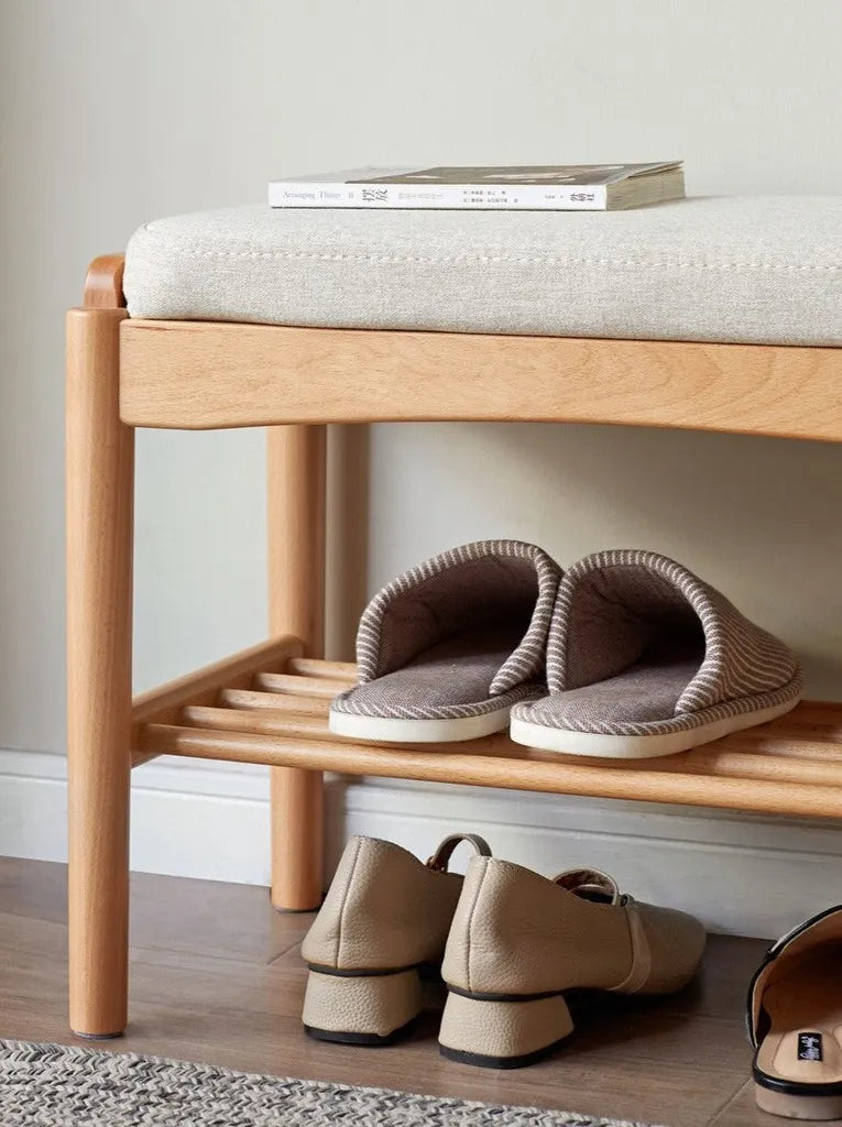 Oak Wood Shoe Bench With Cushion And Storage Shelf