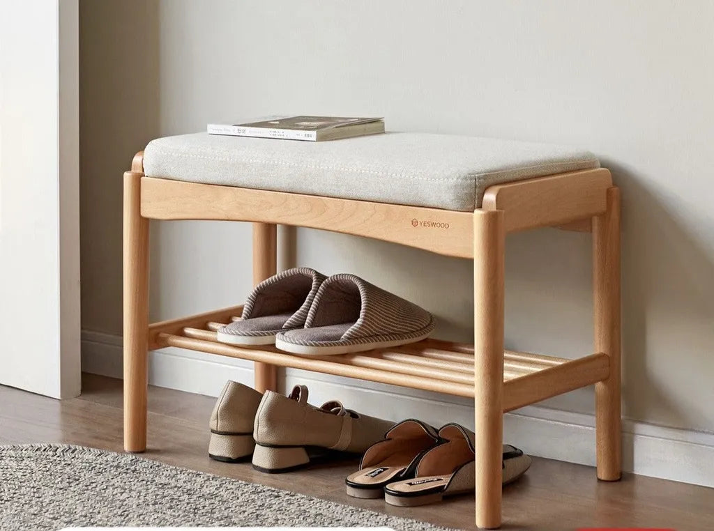 Oak Wood Shoe Bench With Cushion And Storage Shelf