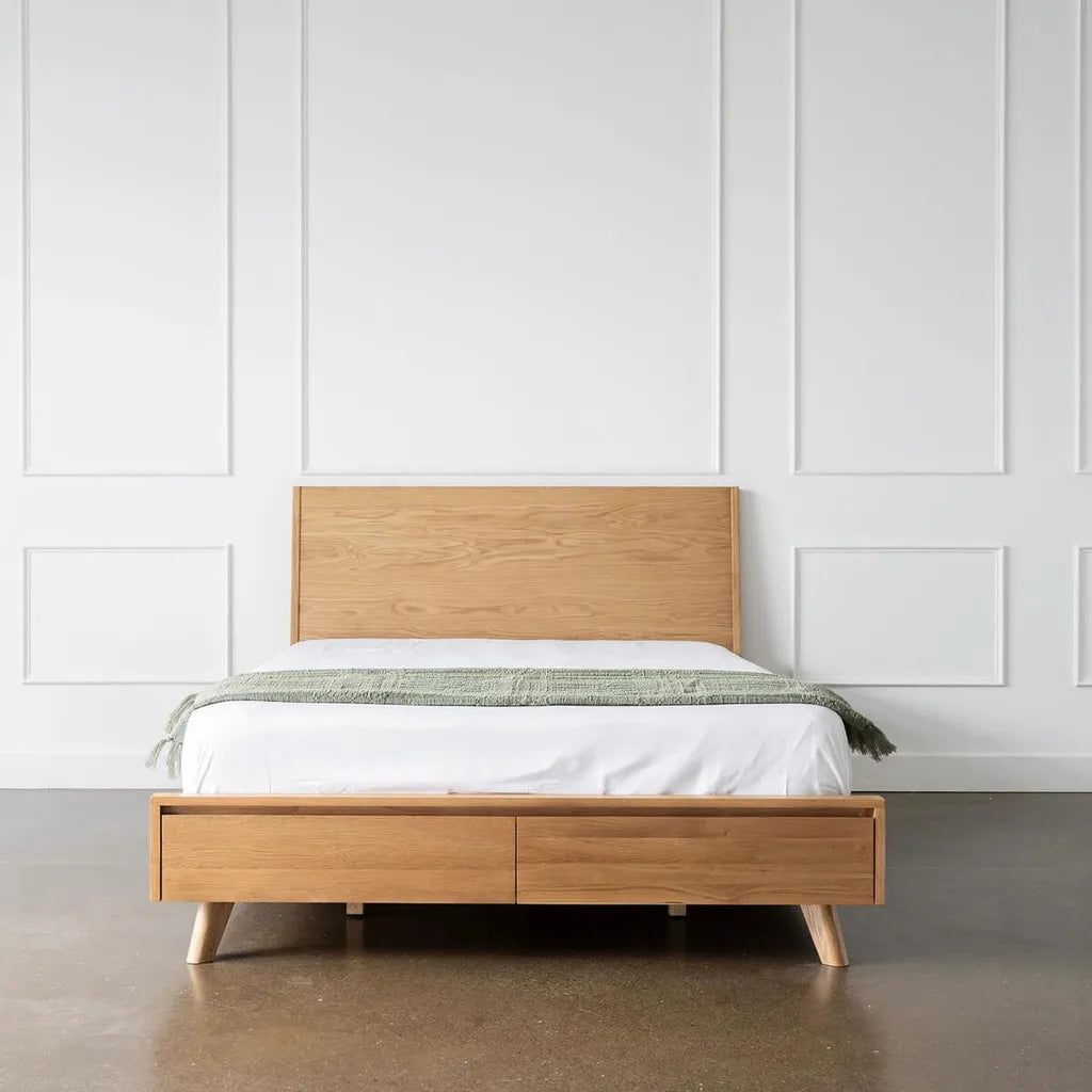 Modern Oak Wood Bed Frame With Storage Drawers