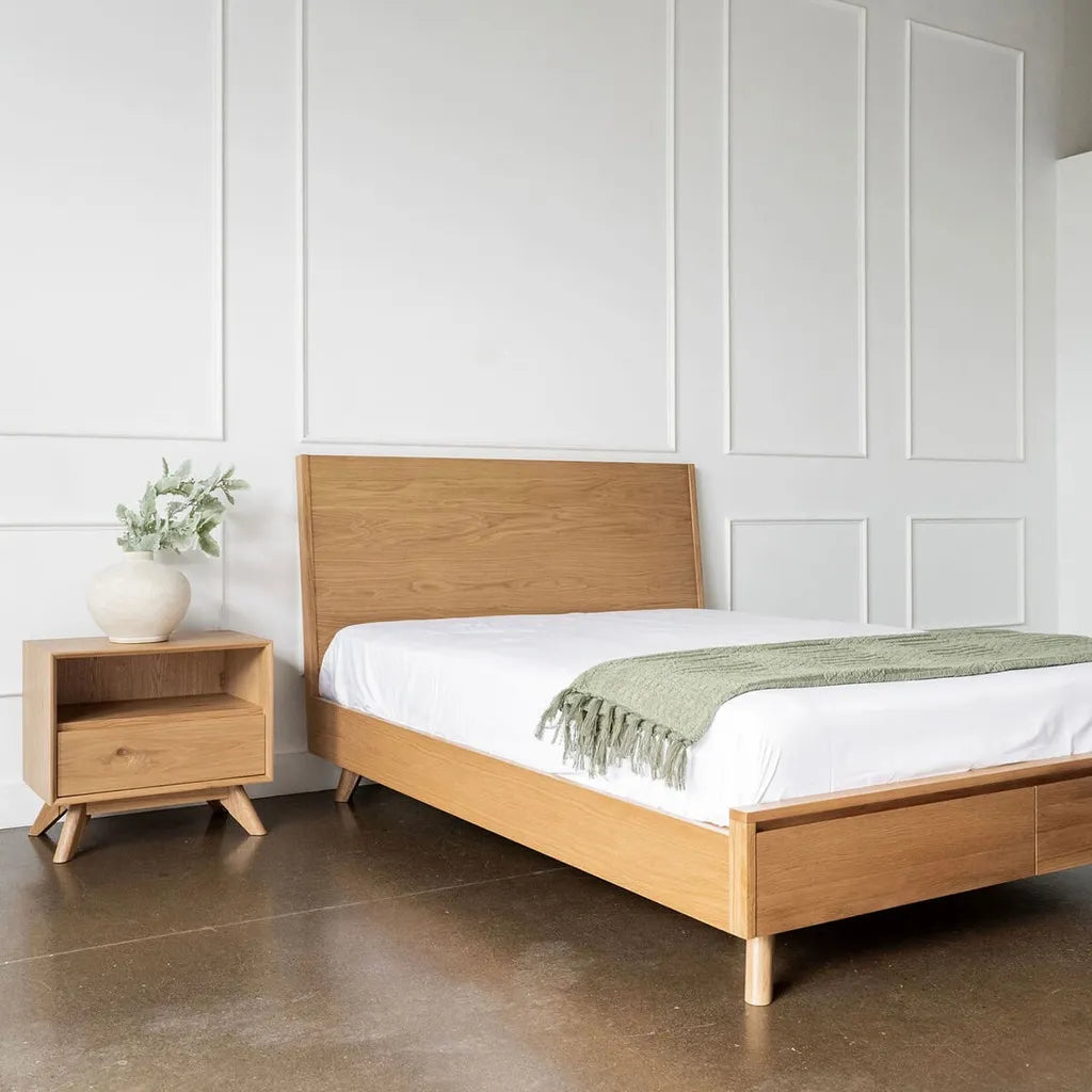 Modern Oak Wood Bed Frame With Storage Drawers