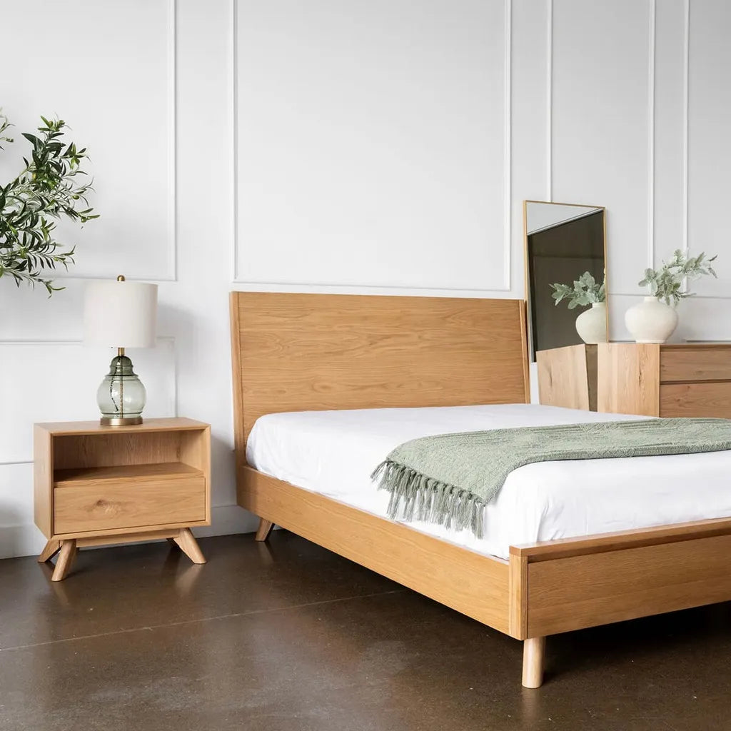 Modern Oak Wood Bed Frame With Storage Drawers
