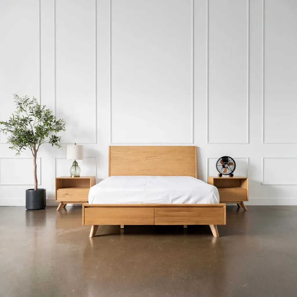 Modern Oak Wood Bed Frame With Storage Drawers