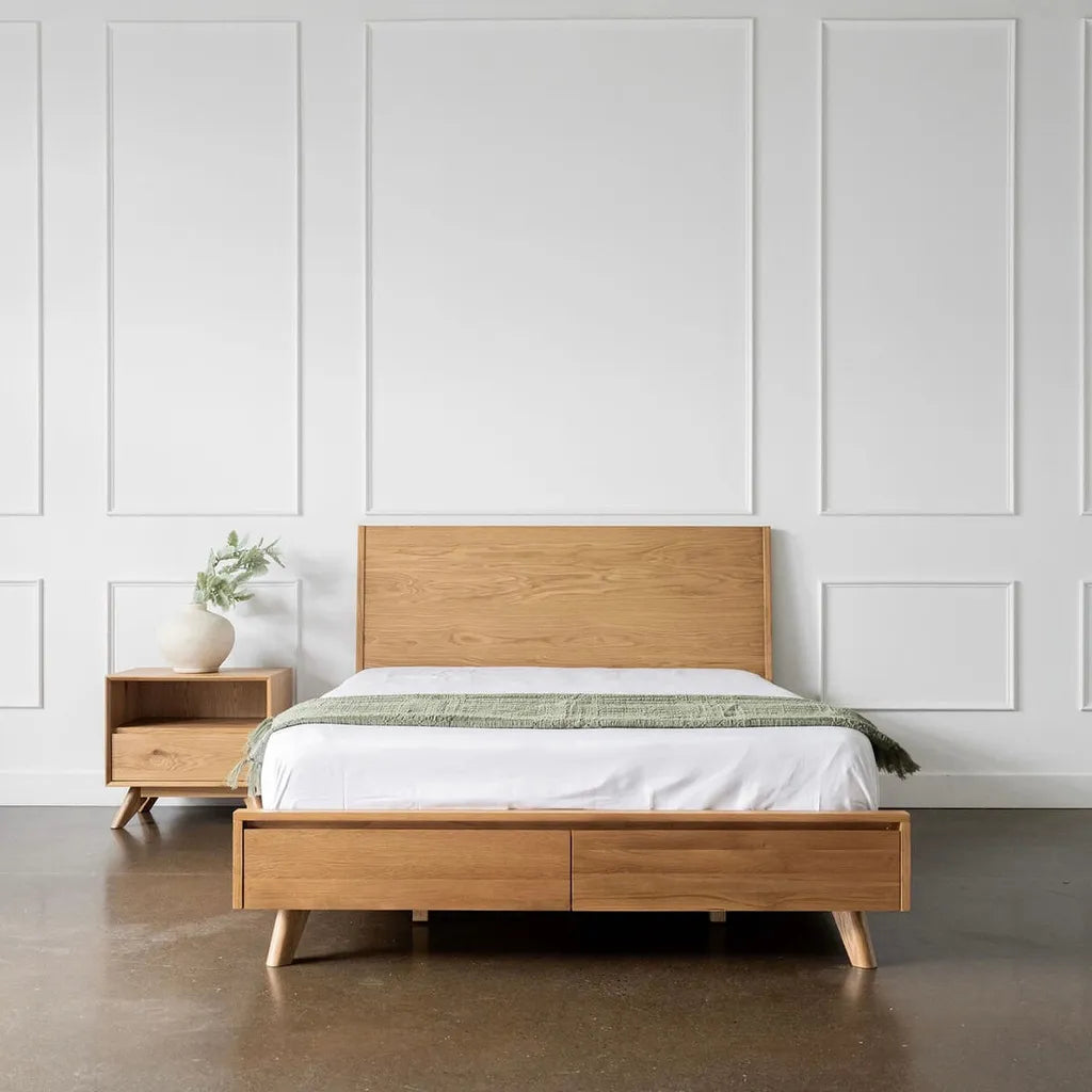 Modern Oak Wood Bed Frame With Storage Drawers