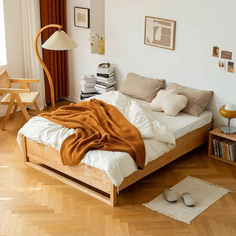 Oak Wood Storage Bed Frame Modern Design With Pull Out Drawers