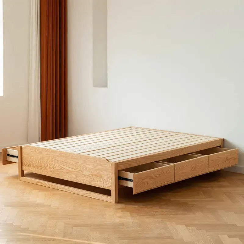 Oak Wood Storage Bed Frame Modern Design With Pull Out Drawers