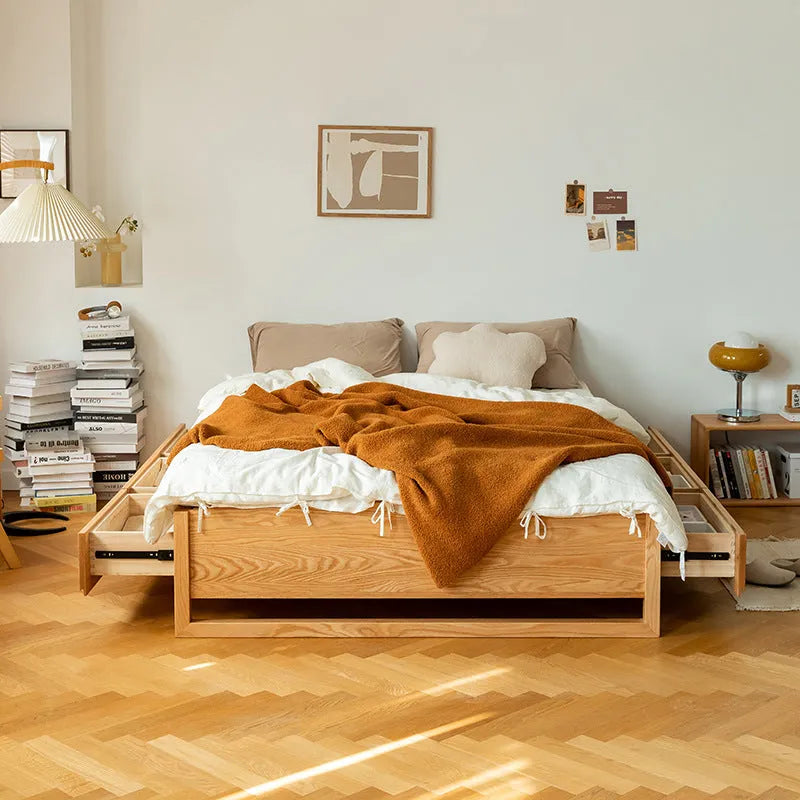 Oak Wood Storage Bed Frame Modern Design With Pull Out Drawers