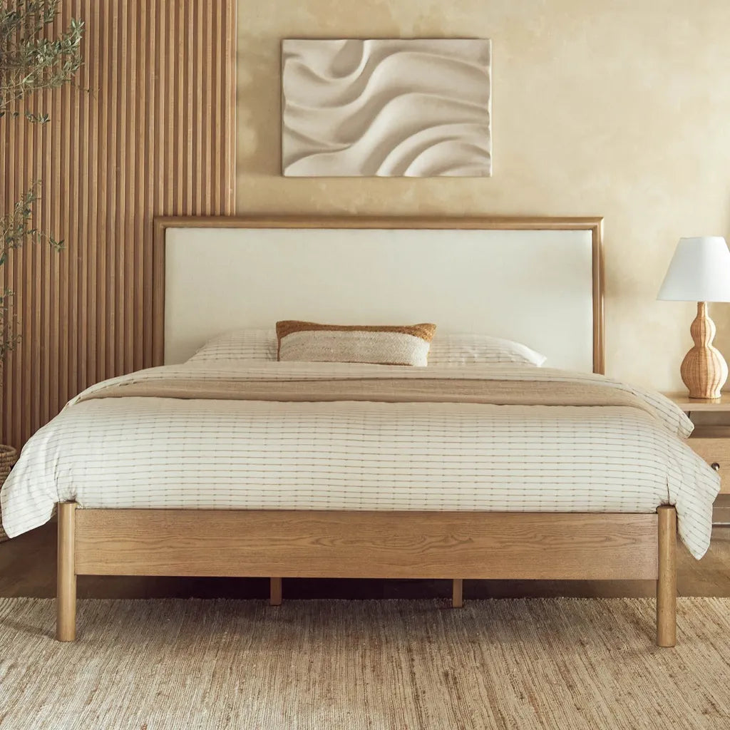 Solid Oak Bed Frame With Upholstered Headboard