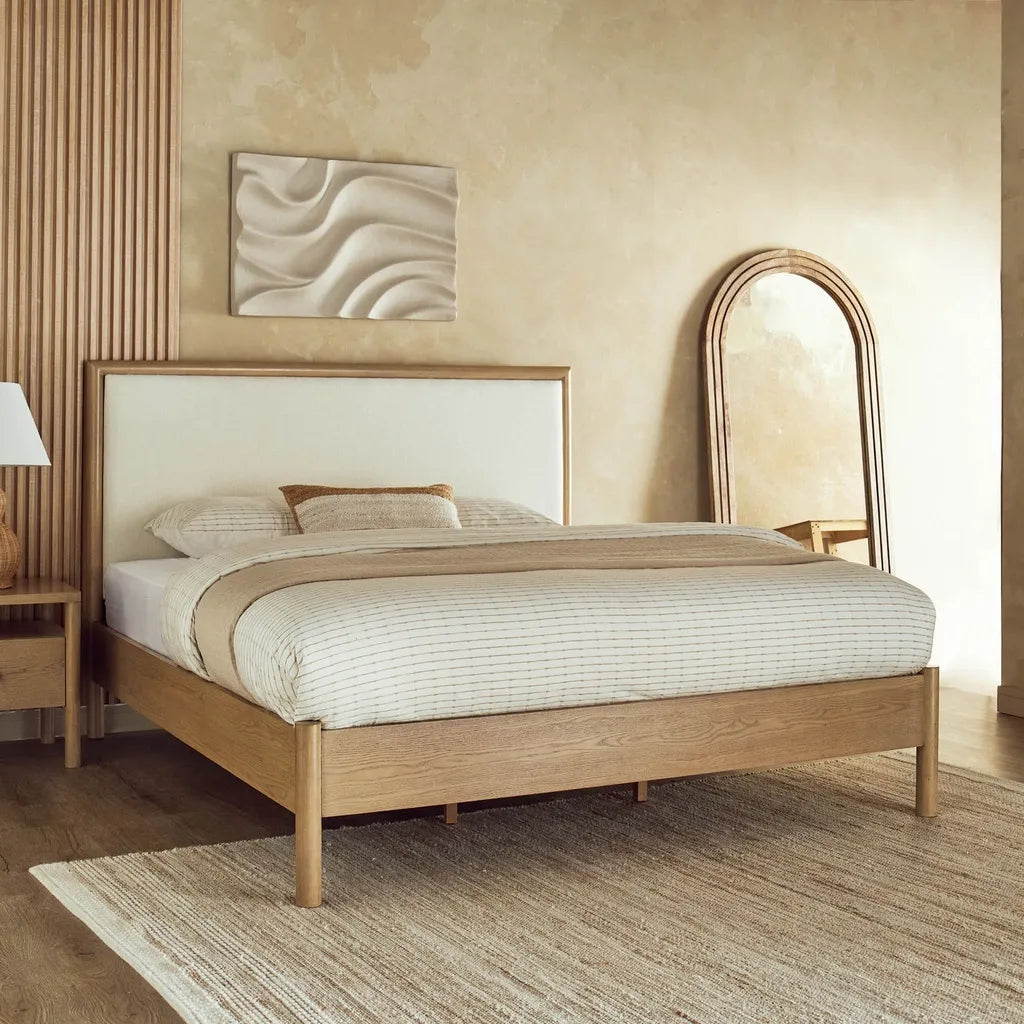 Solid Oak Bed Frame With Upholstered Headboard