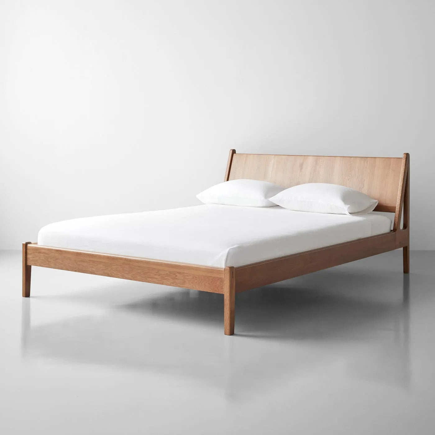 Solid Oak Wood Bed Frame With Angled Headboard