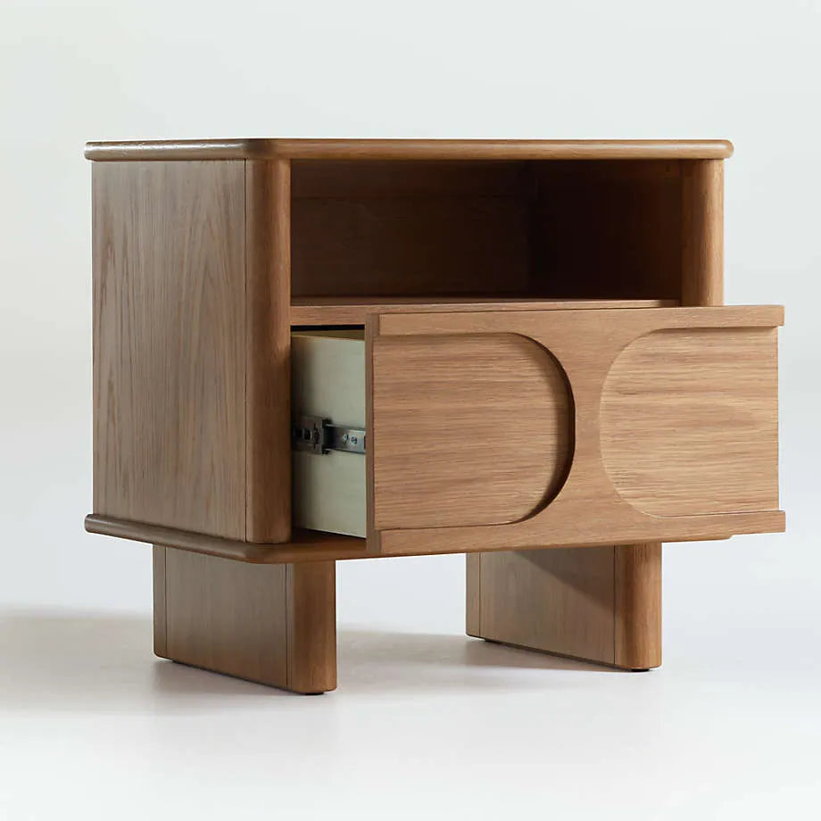 Solid Oak Wood Nightstand With Drawer And Open Shelf
