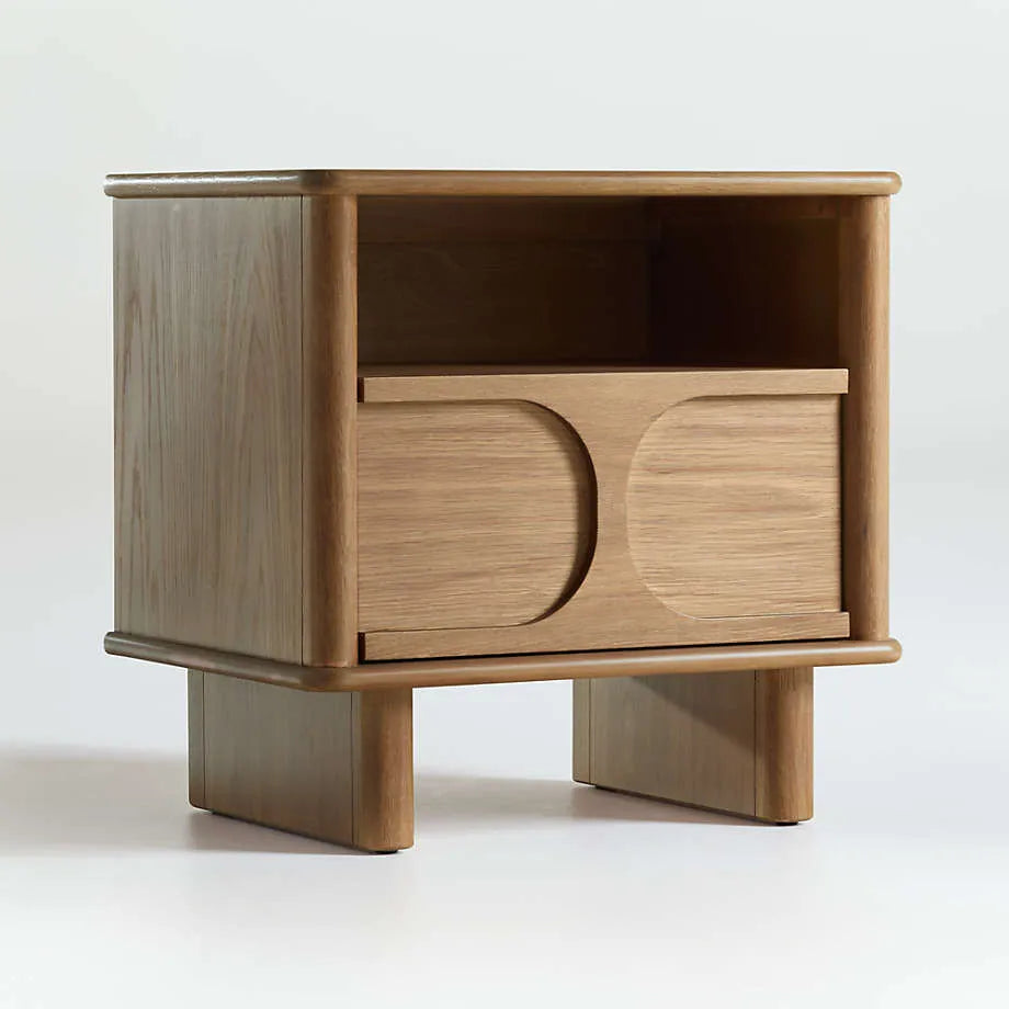 Solid Oak Wood Nightstand With Drawer And Open Shelf