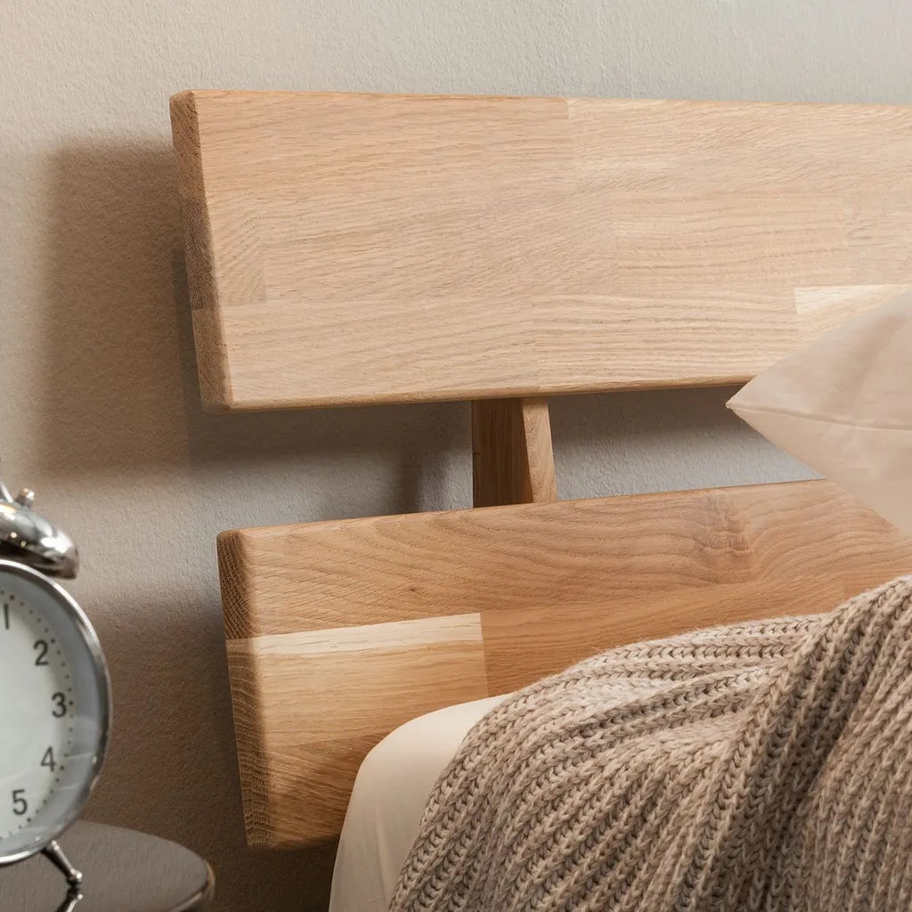 Solid Oak Wooden Bed Frame With Slatted Headboard