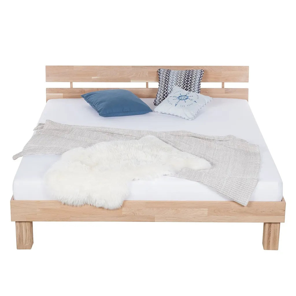 Solid Oak Wooden Bed Frame With Slatted Headboard