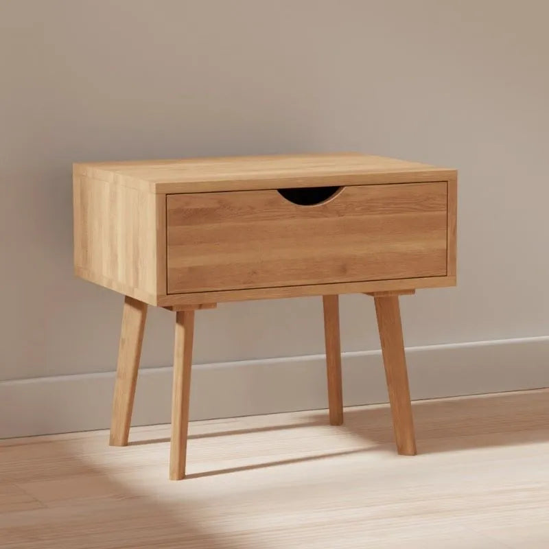 Oak Wood Nightstand With Drawer And Tapered Legs