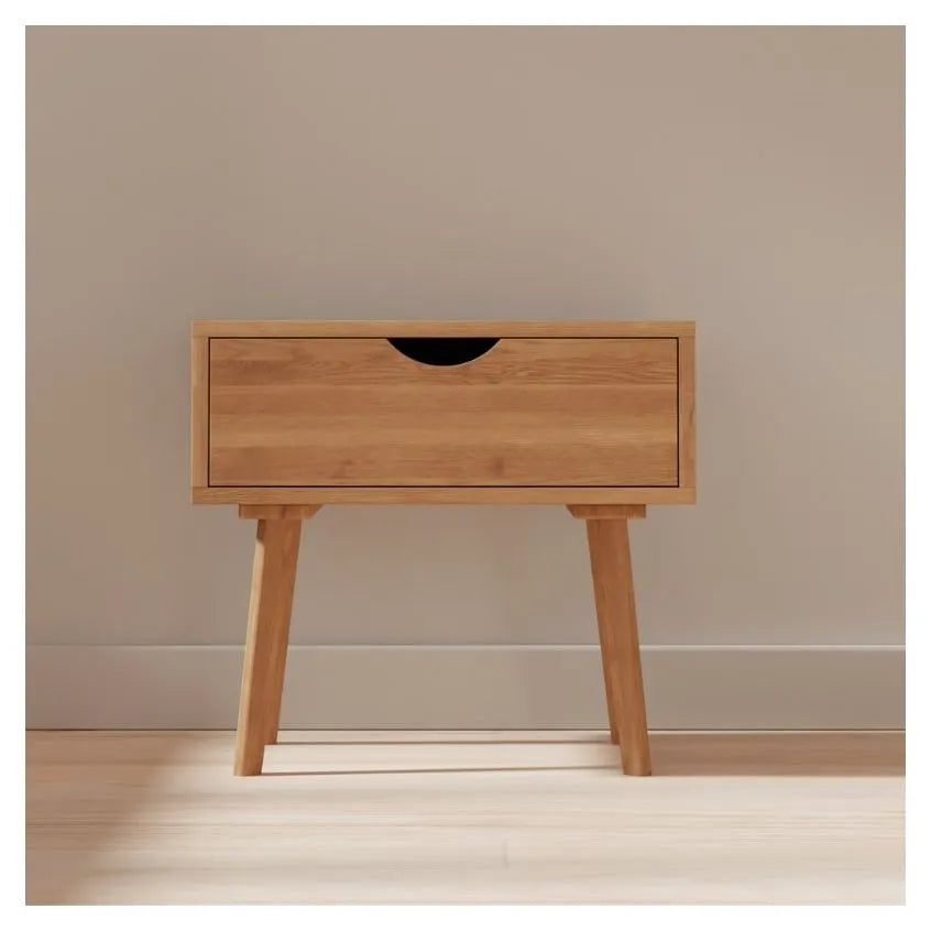 Oak Wood Nightstand With Drawer And Tapered Legs