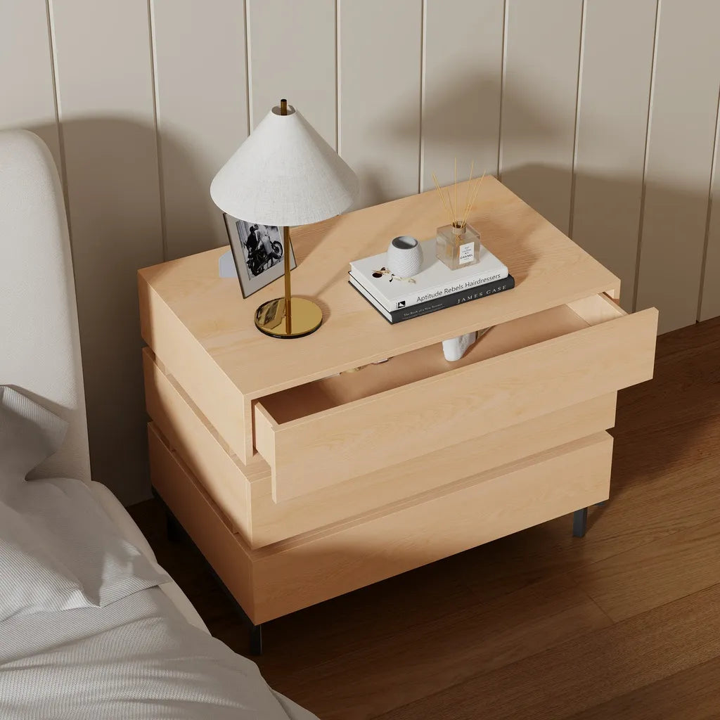 Oak Wood Nightstand With Three Drawers And Black Metal Legs