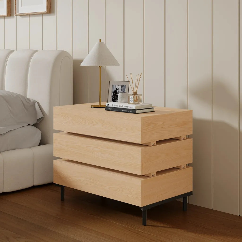 Oak Wood Nightstand With Three Drawers And Black Metal Legs