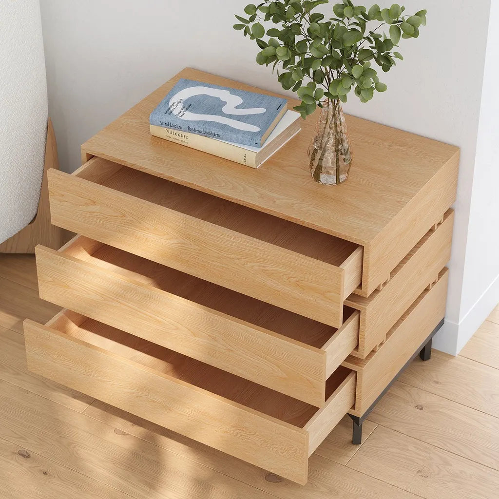 Oak Wood Nightstand With Three Drawers And Black Metal Legs