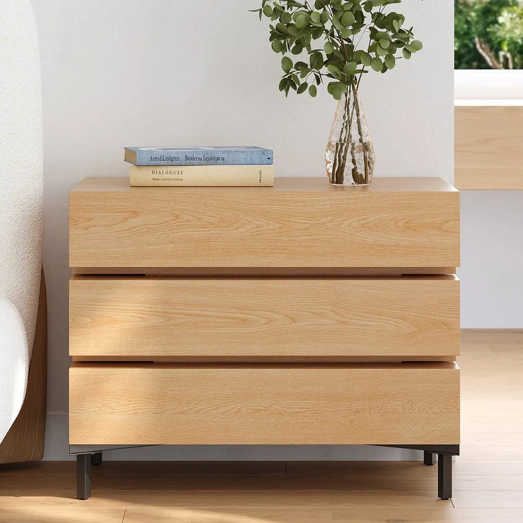 Oak Wood Nightstand With Three Drawers And Black Metal Legs