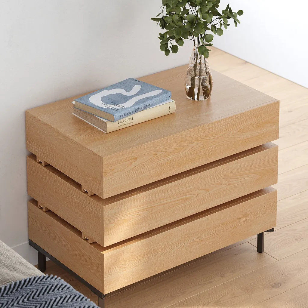 Oak Wood Nightstand With Three Drawers And Black Metal Legs