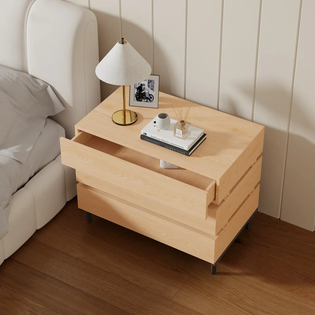 Oak Wood Nightstand With Three Drawers And Black Metal Legs