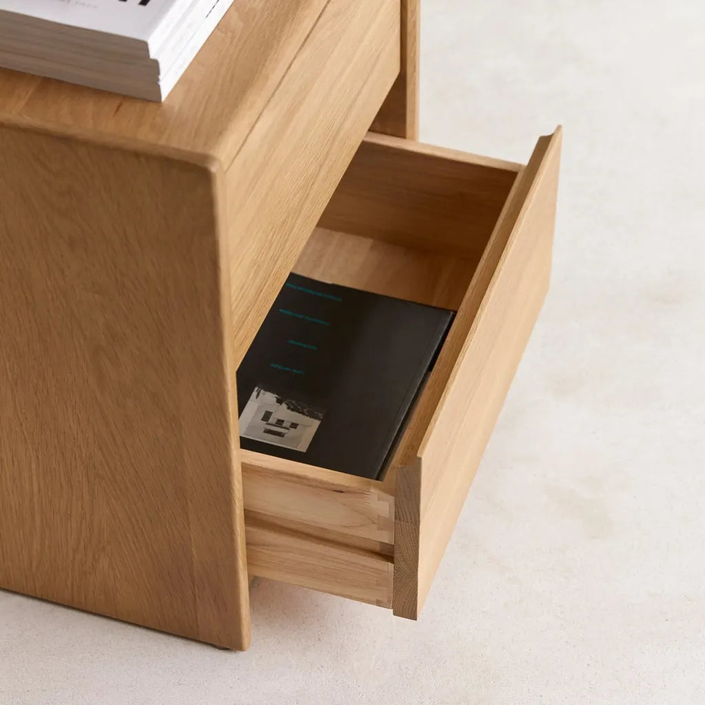 Oak Wood Nightstand With Two Drawers And Clean Minimal Design