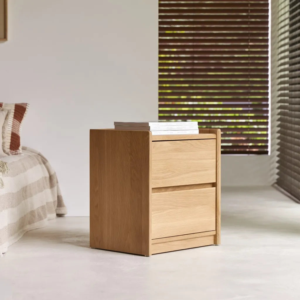 Oak Wood Nightstand With Two Drawers And Clean Minimal Design