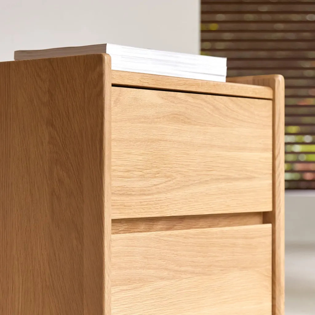 Oak Wood Nightstand With Two Drawers And Clean Minimal Design