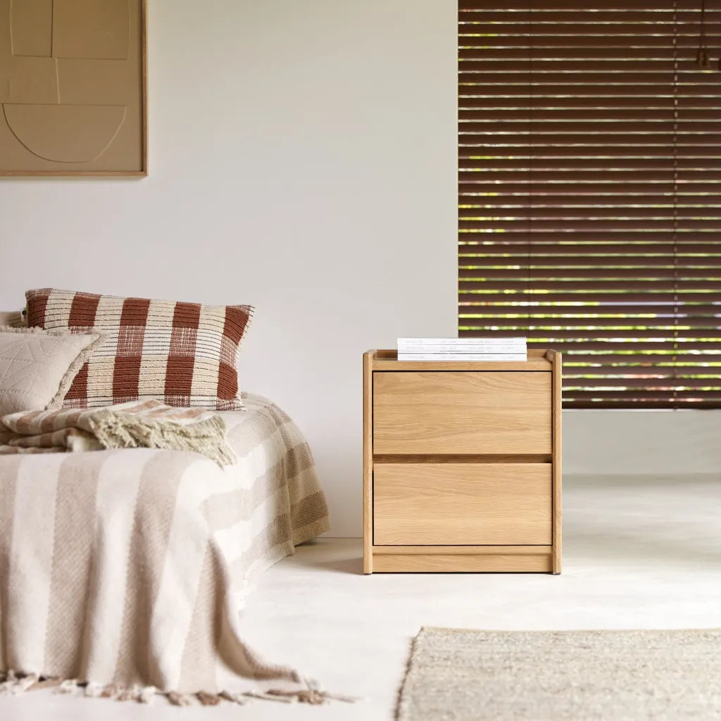 Oak Wood Nightstand With Two Drawers And Clean Minimal Design
