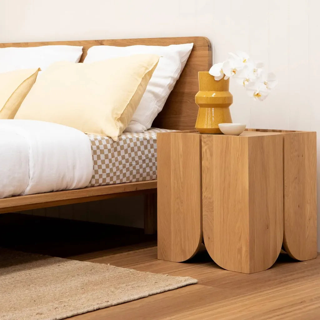 Oak Wood Bedside Table With Curved Panel Design