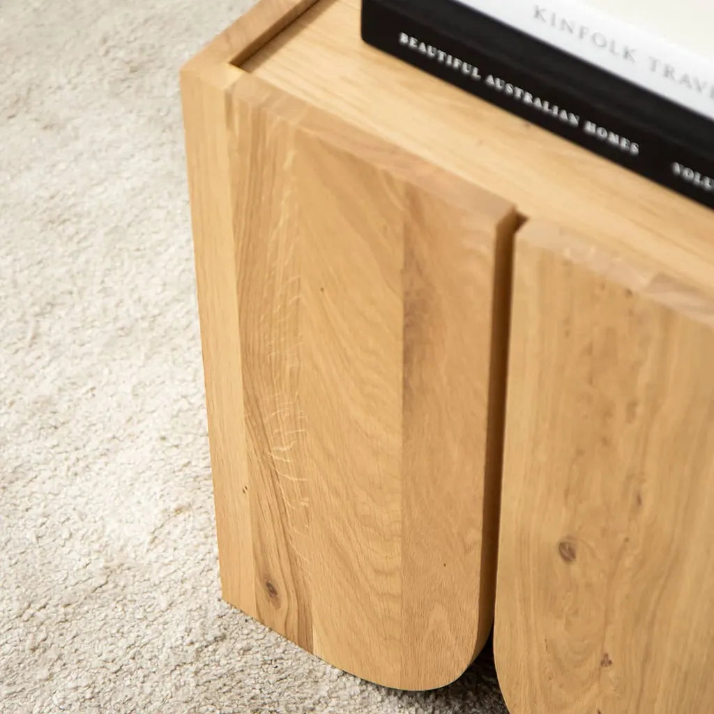 Oak Wood Bedside Table With Curved Panel Design