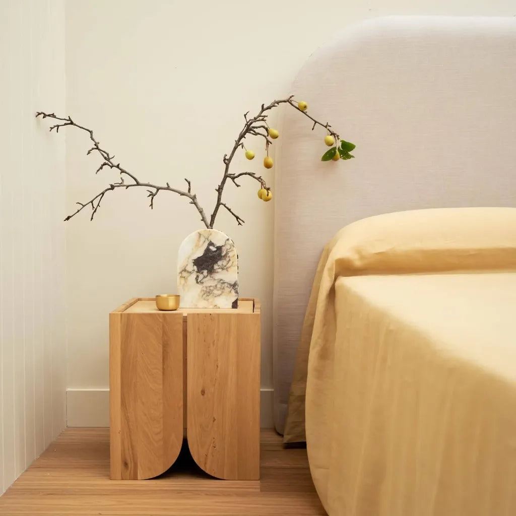 Oak Wood Bedside Table With Curved Panel Design