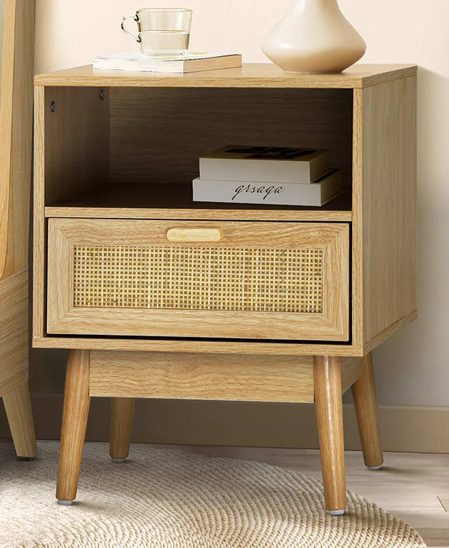 Oak Wood Nightstand With Cane Drawer and Open Shelf