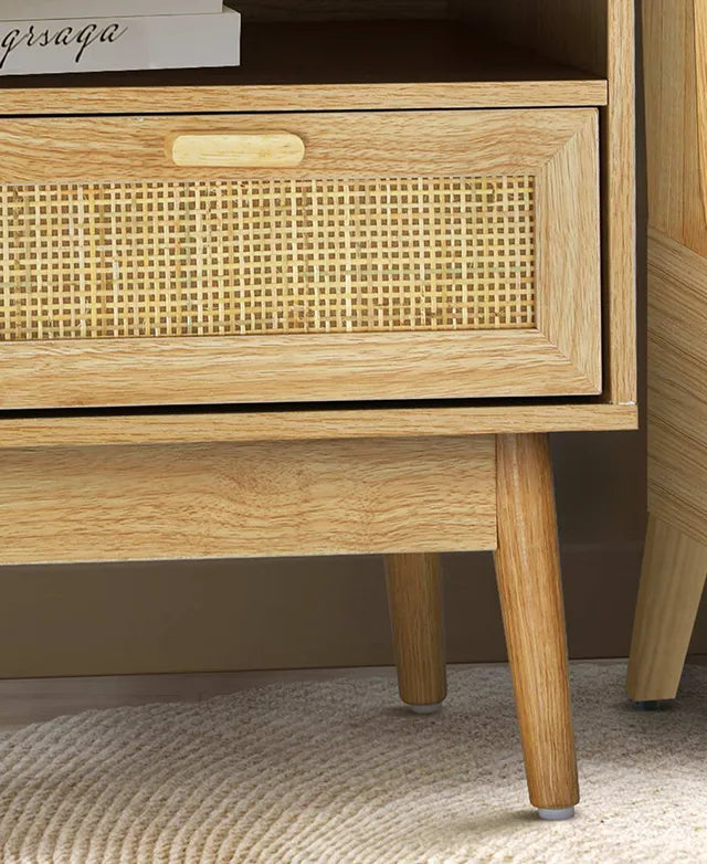 Oak Wood Nightstand With Cane Drawer and Open Shelf