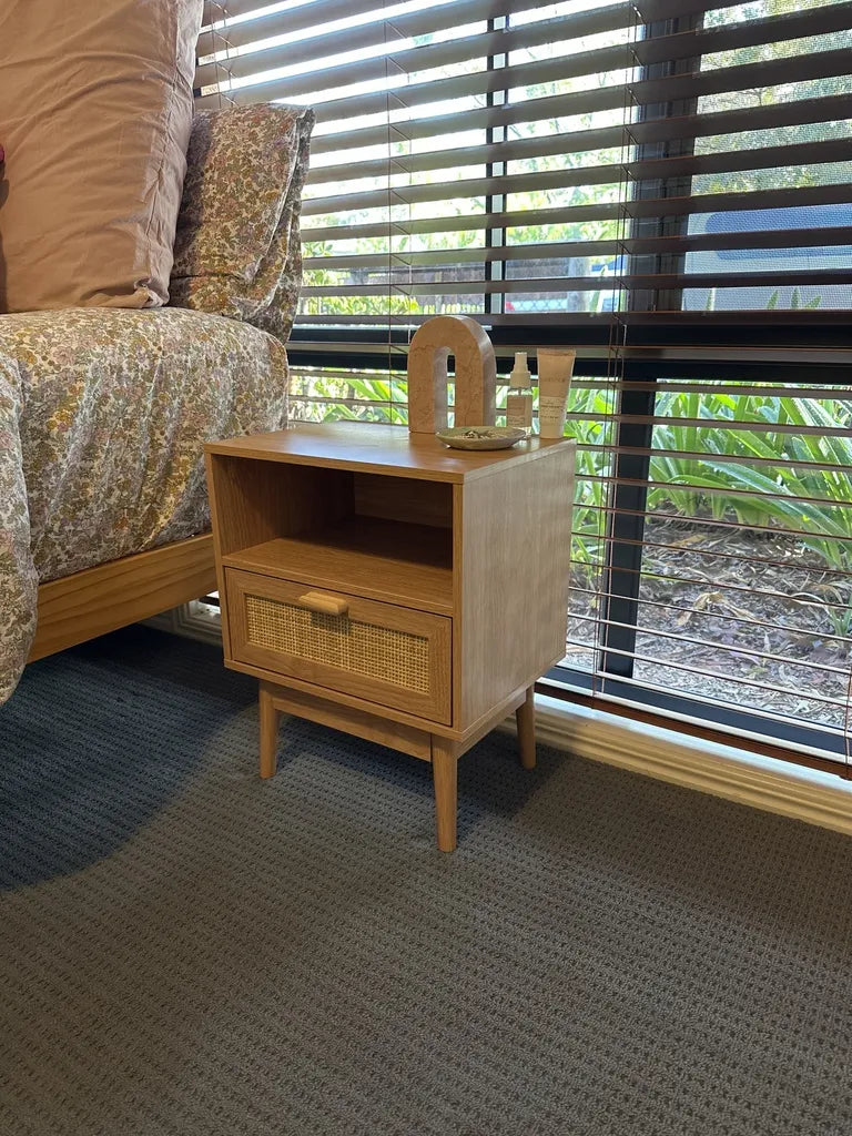Oak Wood Nightstand With Cane Drawer and Open Shelf