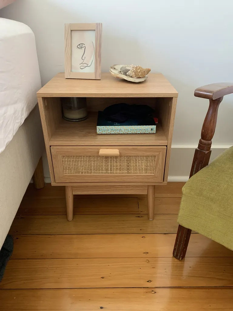 Oak Wood Nightstand With Cane Drawer and Open Shelf