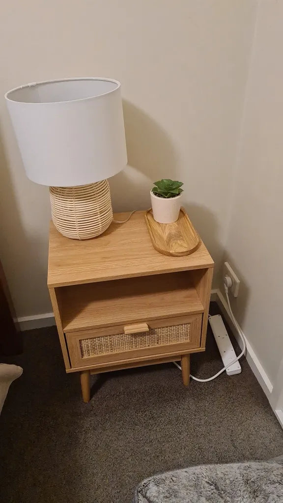 Oak Wood Nightstand With Cane Drawer and Open Shelf