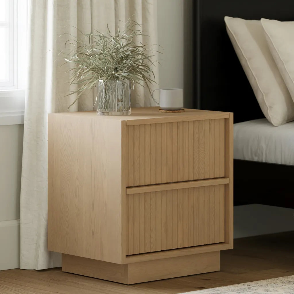 Oak Wood Nightstand With Vertical Panel Drawers